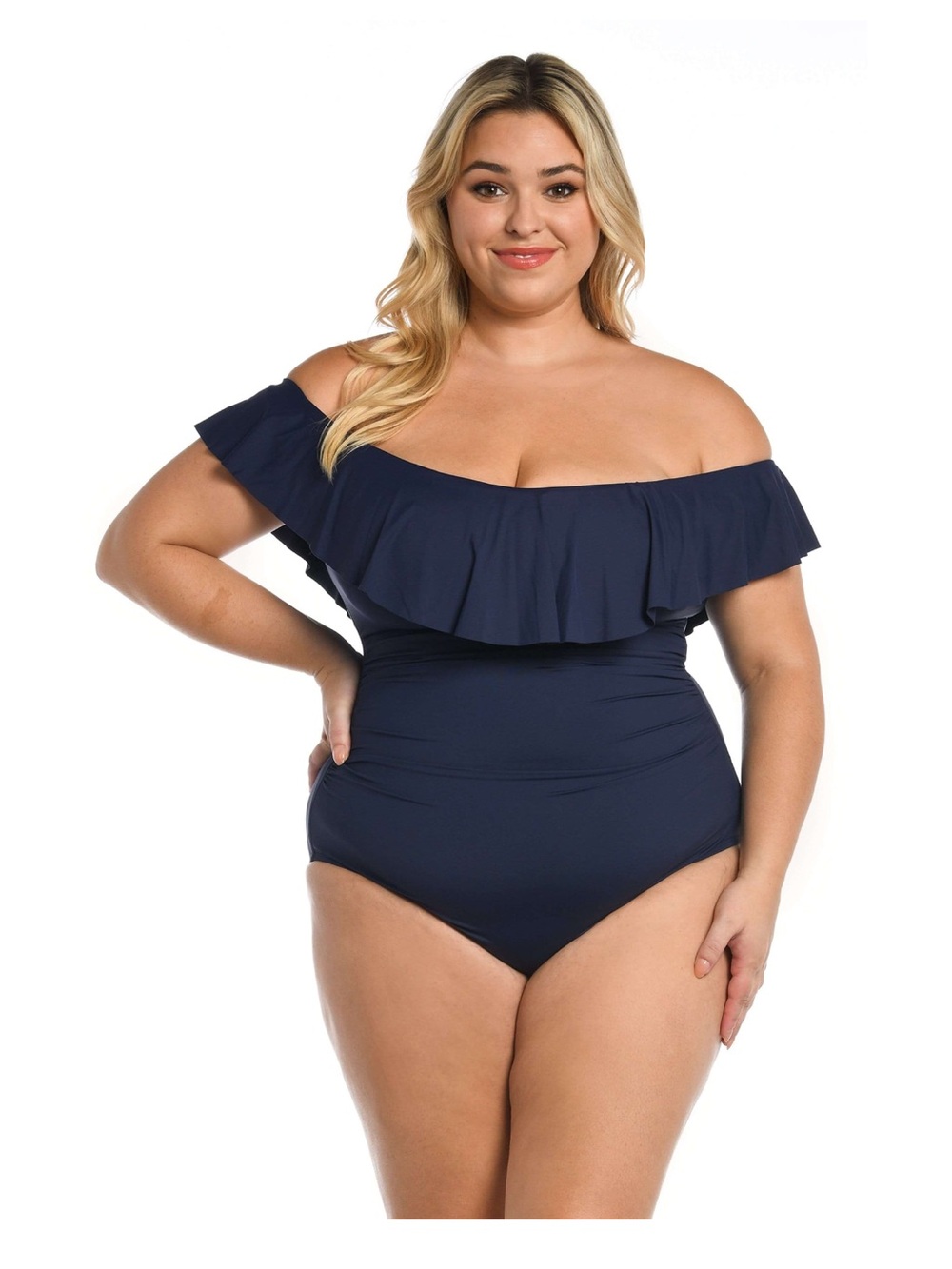 ★ La Blanca NWT Island Goddess Off Shoulder Ruffle One Piece Swimsuit - Indigo ★